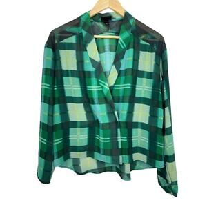 Mossimo Green Plaid Deep V-Neck Top Button Front Blouse Long Sleeves Size Large
